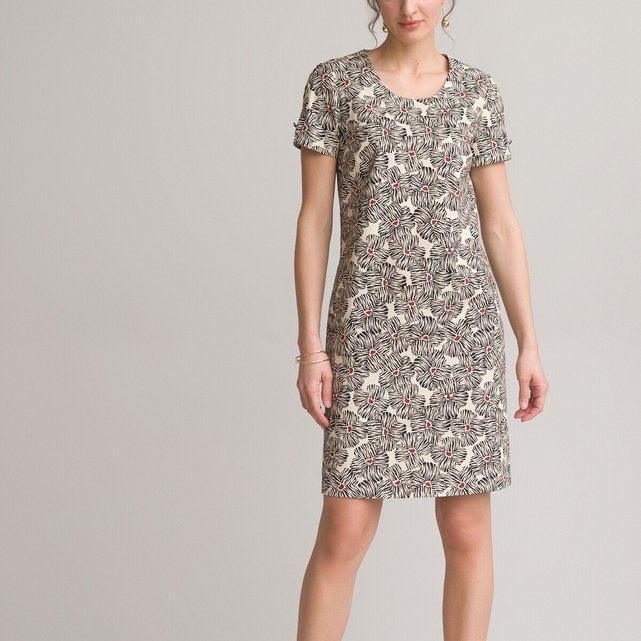 Ίσιο φόρεμα με δίχρωμο φλοράλ μοτίβο