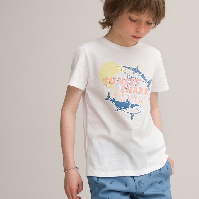 T-shirt από οργανικό βαμβάκι με στάμπα καρχαρίες, 3-12 ετών