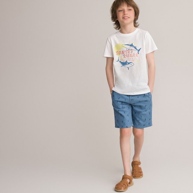 T-shirt από οργανικό βαμβάκι με στάμπα καρχαρίες, 3-12 ετών