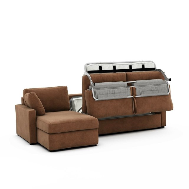 Γωνιακός καναπές-κρεβάτι με ανάγλυφη ταπετσαρία και στρώμα τεχνολογίας Bultex, Timor