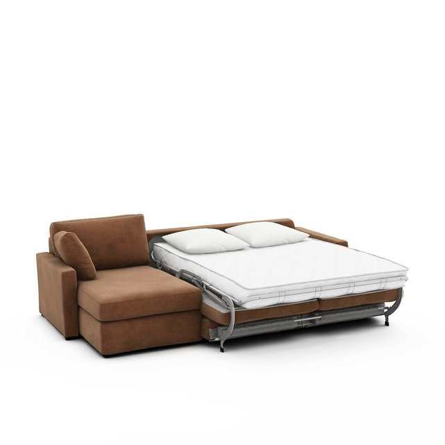 Γωνιακός καναπές-κρεβάτι με ανάγλυφη ταπετσαρία και στρώμα τεχνολογίας Bultex, Timor