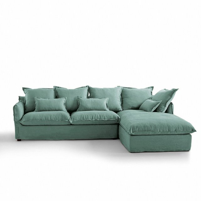 Γωνιακός καναπές-κρεβάτι από γκοφρέ λινό ύφασμα με τεχνολογία Bultex, Odna