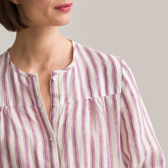 Ριγέ λινό πουκάμισο με στρογγυλή λαιμόκοψη