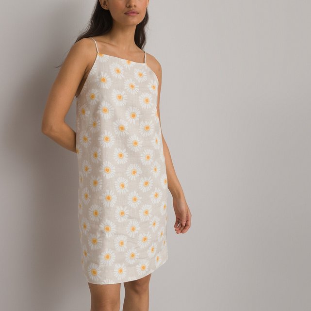 Κοντό λινό φόρεμα με λεπτές τιράντες και φλοράλ μοτίβο