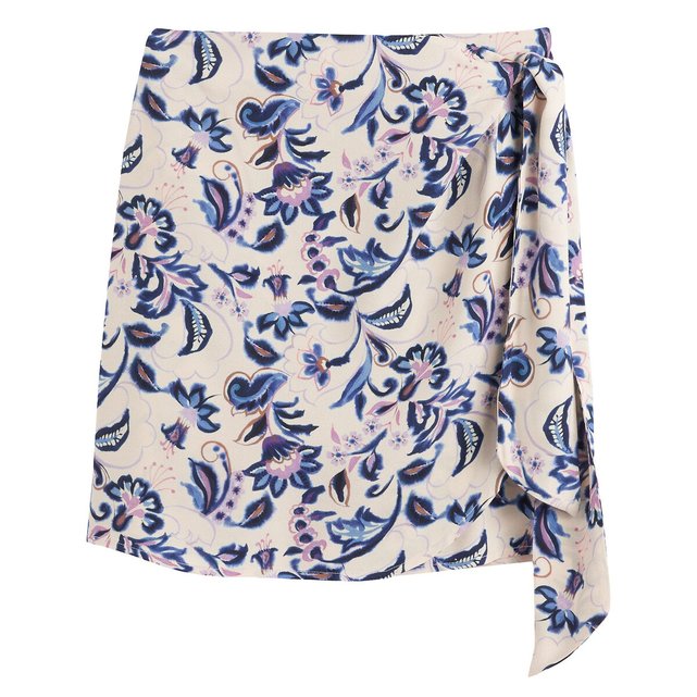 Κοντή λινή φούστα-φάκελος με φλοράλ μοτίβο