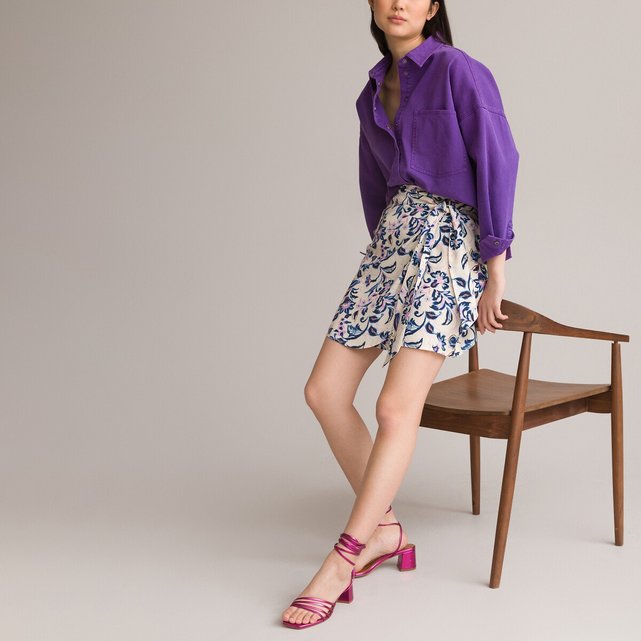 Κοντή λινή φούστα-φάκελος με φλοράλ μοτίβο