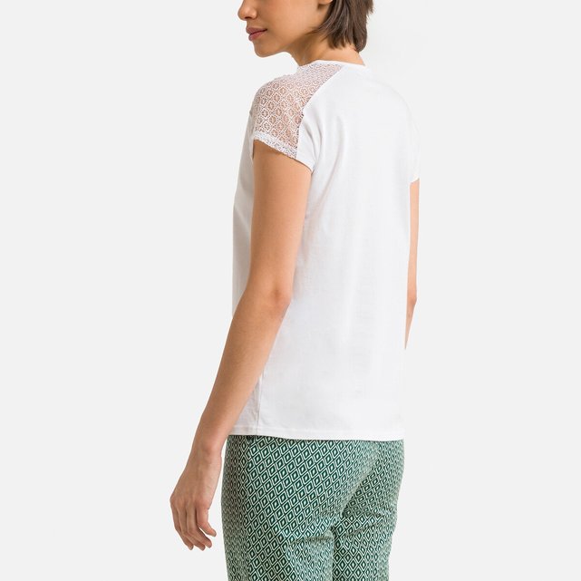 Κοντομάνικη μπλούζα με στρογγυλή λαιμόκοψη από δύο υλικά