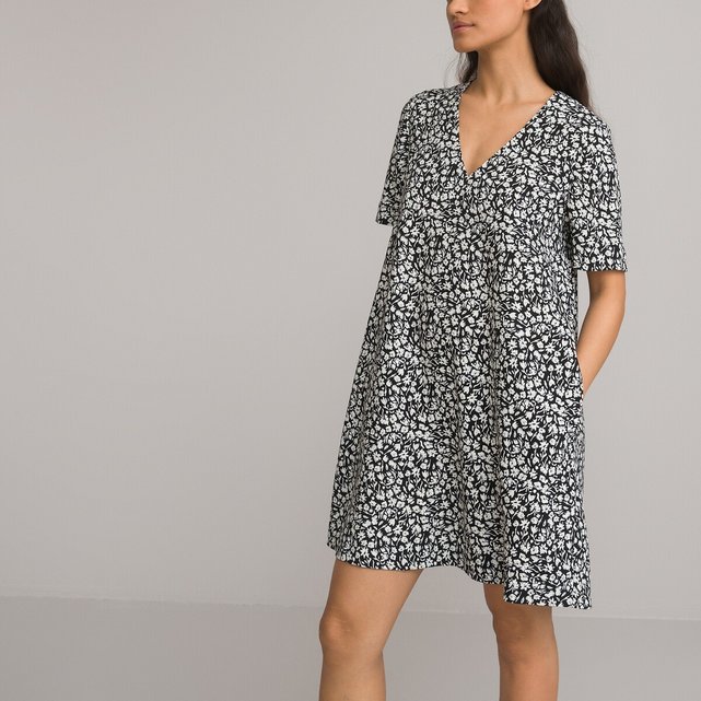 Κοντό εβαζέ φόρεμα με δίχρωμο φλοράλ μοτίβο