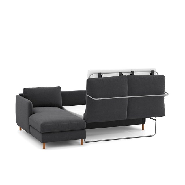 Γωνιακός αριστερός καναπές-κρεβάτι από πολυέστερ με μελανζέ όψη, Lomeo