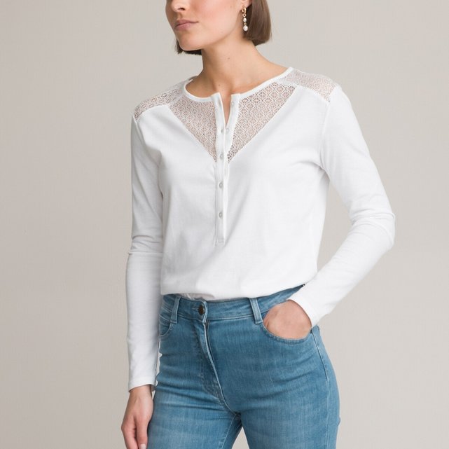 Μακρυμάνικη μπλούζα με στρογγυλή λαιμόκοψη από δύο υλικά