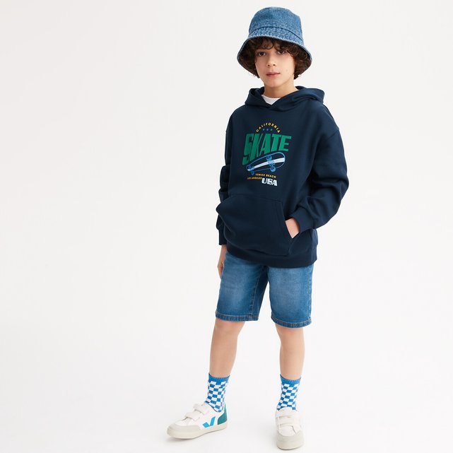 Φούτερ oversize από φανέλα με κουκούλα και στάμπα σκέιτ