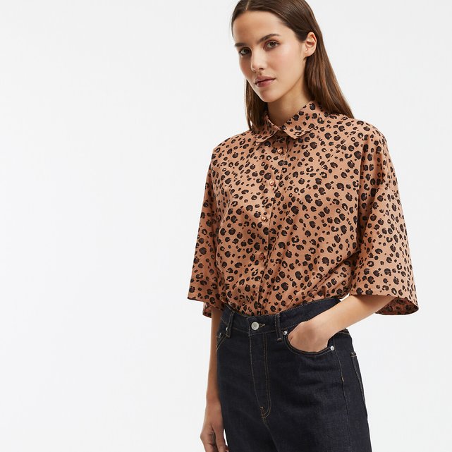 Φαρδύ πουκάμισο με animal print και μανίκια μέχρι τους αγκώνες