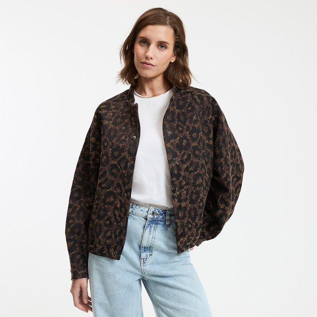 Bomber jacket oversizes με λεοπάρ ζακάρ ύφασμα