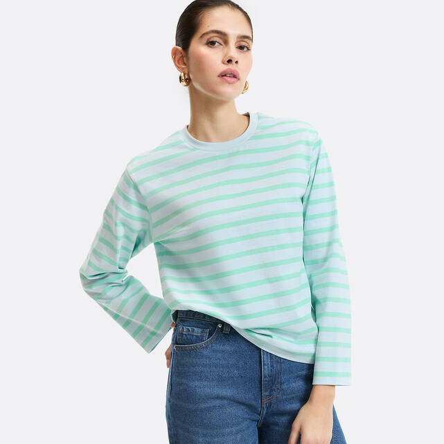 Τ-shirt με ρίγες, στρογγυλό λαιμό και μακριά μανίκια