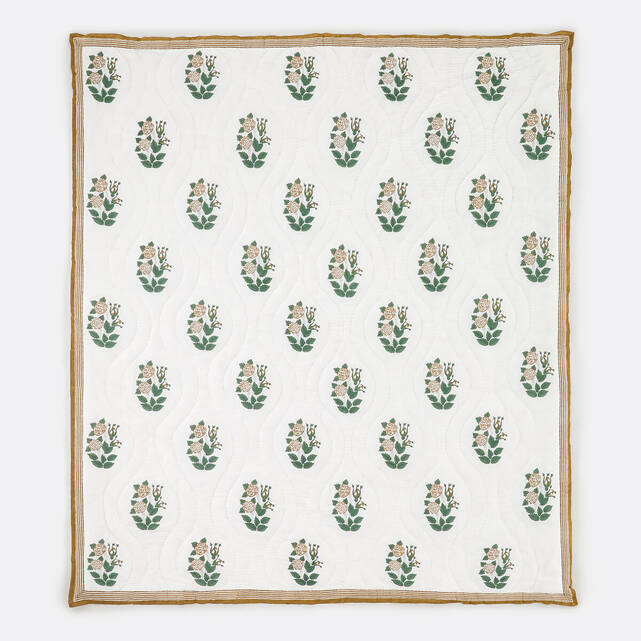 Καπιτονέ κάλυμμα κρεβατιού, block-print σχέδιο, βαμβακερό βουάλ, JAPALI