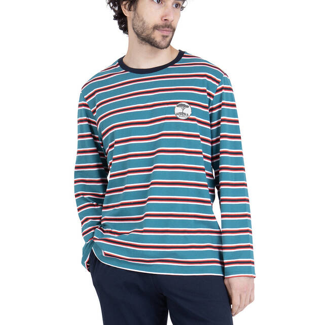 Μακριά βαμβακερή πιτζάμα με ριγέ T-shirt