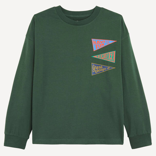 T-shirt με στρογγυλή λαιμόκοψη, μακριά μανίκια και τύπωμα σημαιάκια