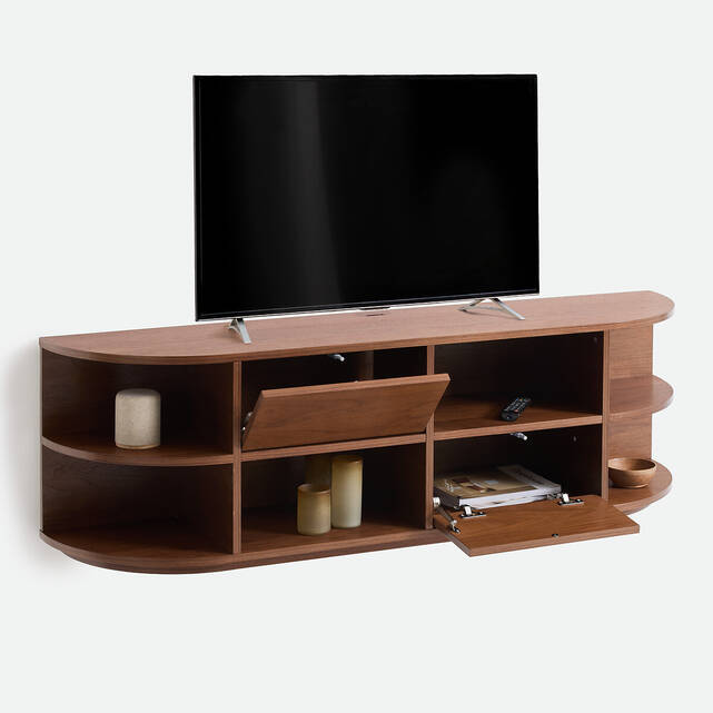 Κρεμαστό έπιπλο TV hi-fi από καπλαμά καρυδιάς, 2 πόρτες, 6 θήκες, Μ160 cm, MADDY