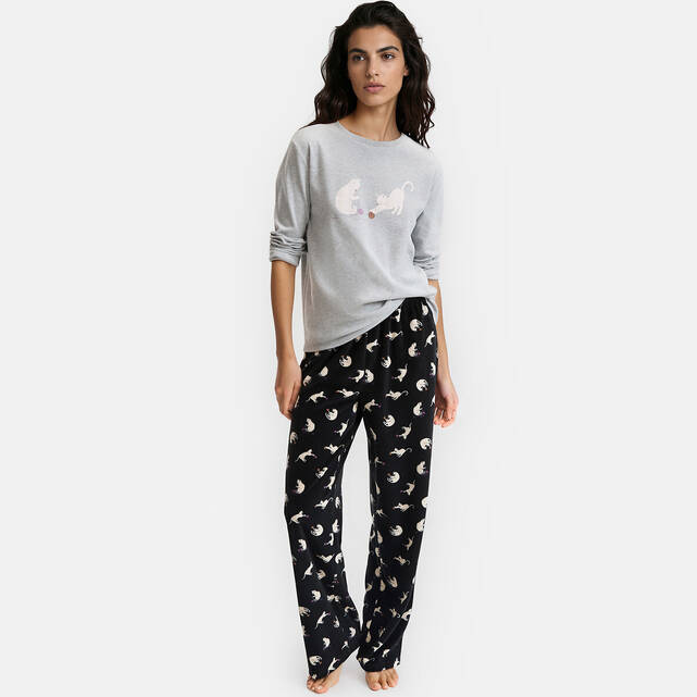 Πιτζάμα 2 τεμαχίων με μακρυμάνικο T-shirt interlock και βελουτέ παντελόνι με τύπωμα γάτα