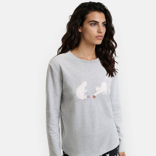 Πιτζάμα 2 τεμαχίων με μακρυμάνικο T-shirt interlock και βελουτέ παντελόνι με τύπωμα γάτα