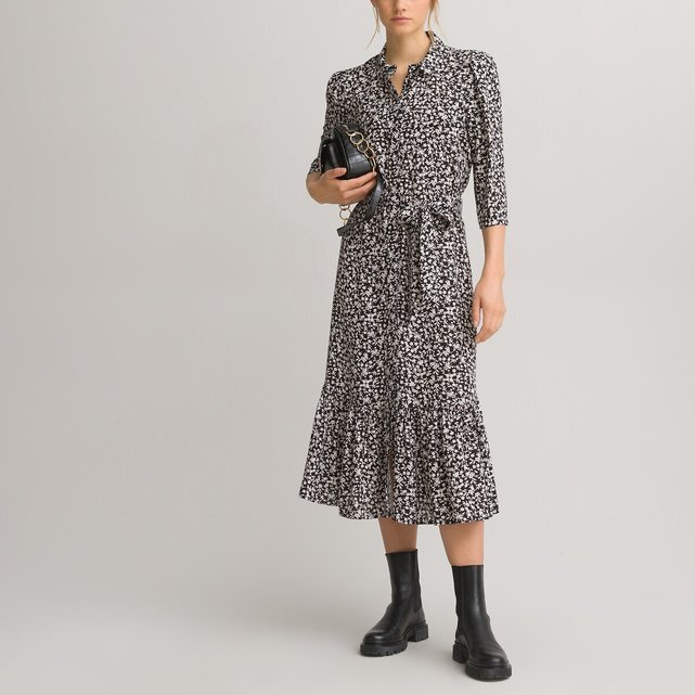 Μακρύ σεμιζιέ φόρεμα με μανίκια 3 4 και εμπριμέ μοτίβο