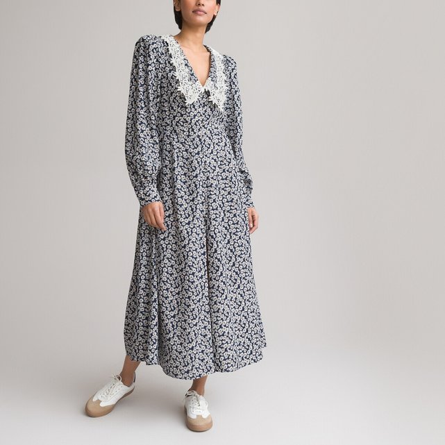 Φόρεμα με δαντελένιο γιακά, μακριά μανίκια και φλοράλ μοτίβο