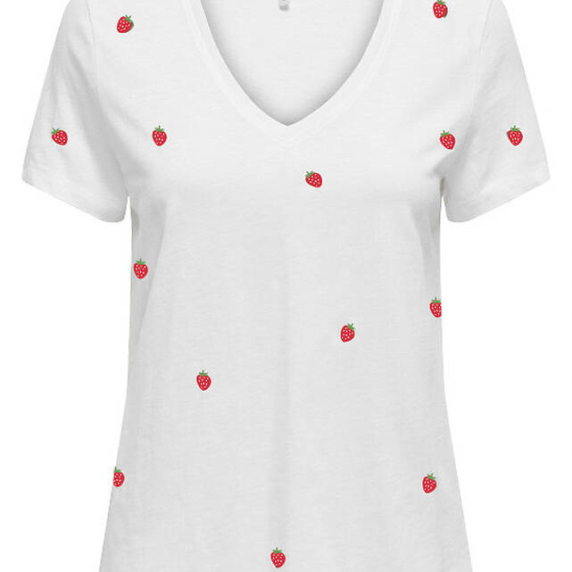 T-shirt με V λαιμόκοψη, κεντητό με φράουλες