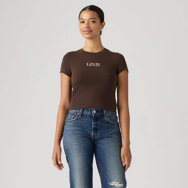 Κοντό T-shirt με κοντά μανίκια και στρογγυλή λαιμόκοψη