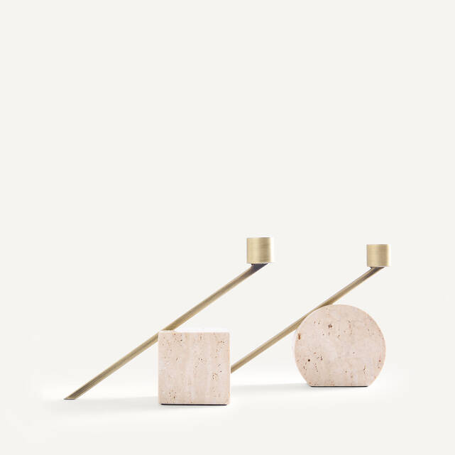 Σετ 2 κηροπηγίων από τραβερτίνη, ύψος 12,6 cm, SEBASTIANO