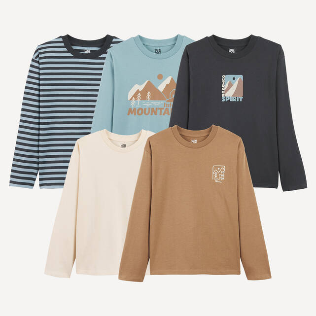 Σετ 5 μακρυμάνικα T-shirts με στρογγυλή λαιμόκοψη και θέμα βουνό