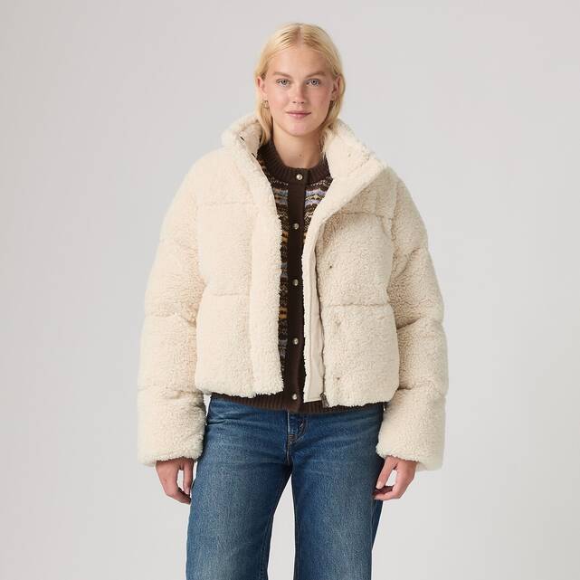 Κοντό μπουφάν puffer από sherpa με όρθιο γιακά